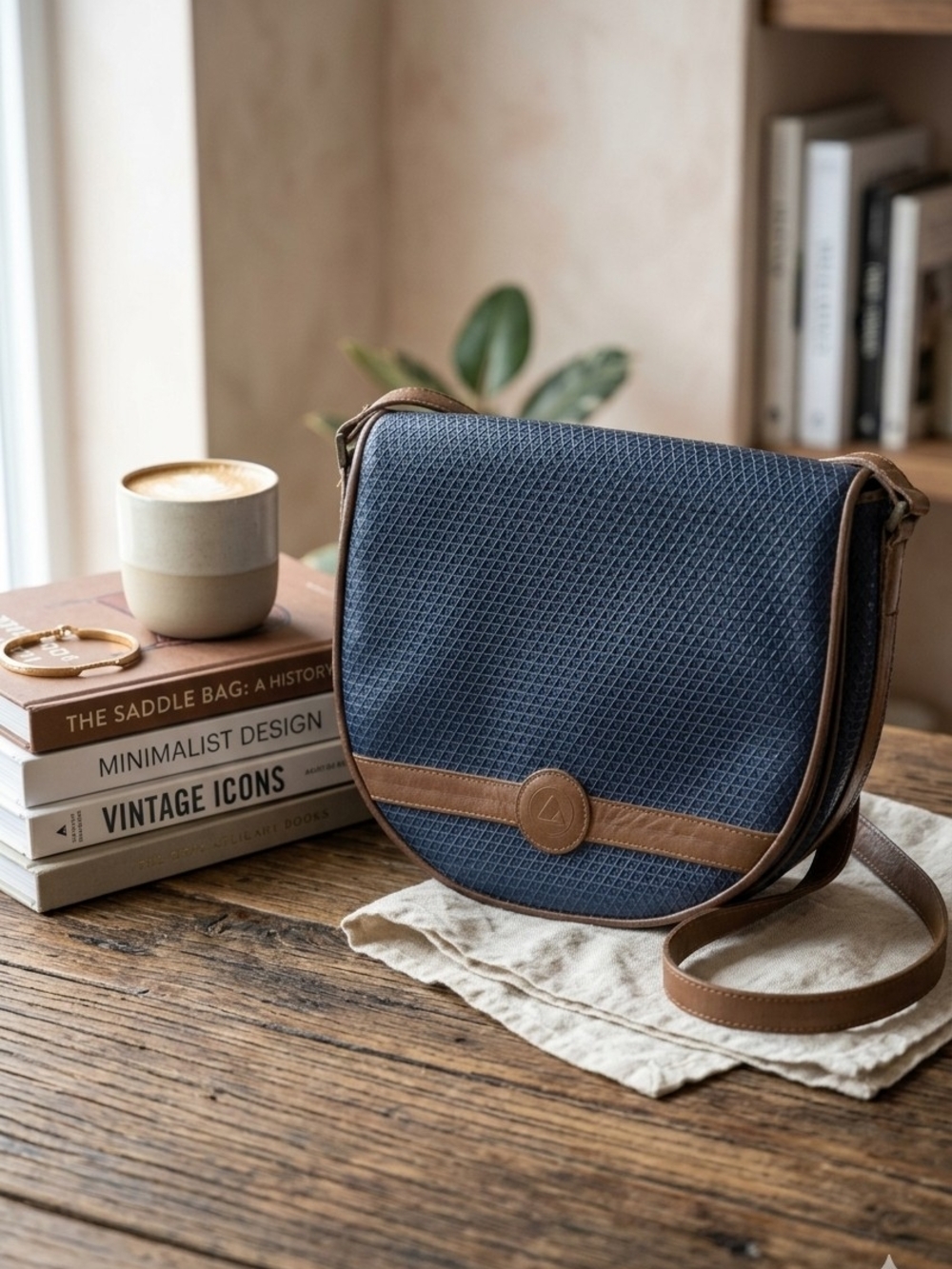 Vintage 80s Liz Claiborne Navy Blue Geometric Crossbody Saddle Bag